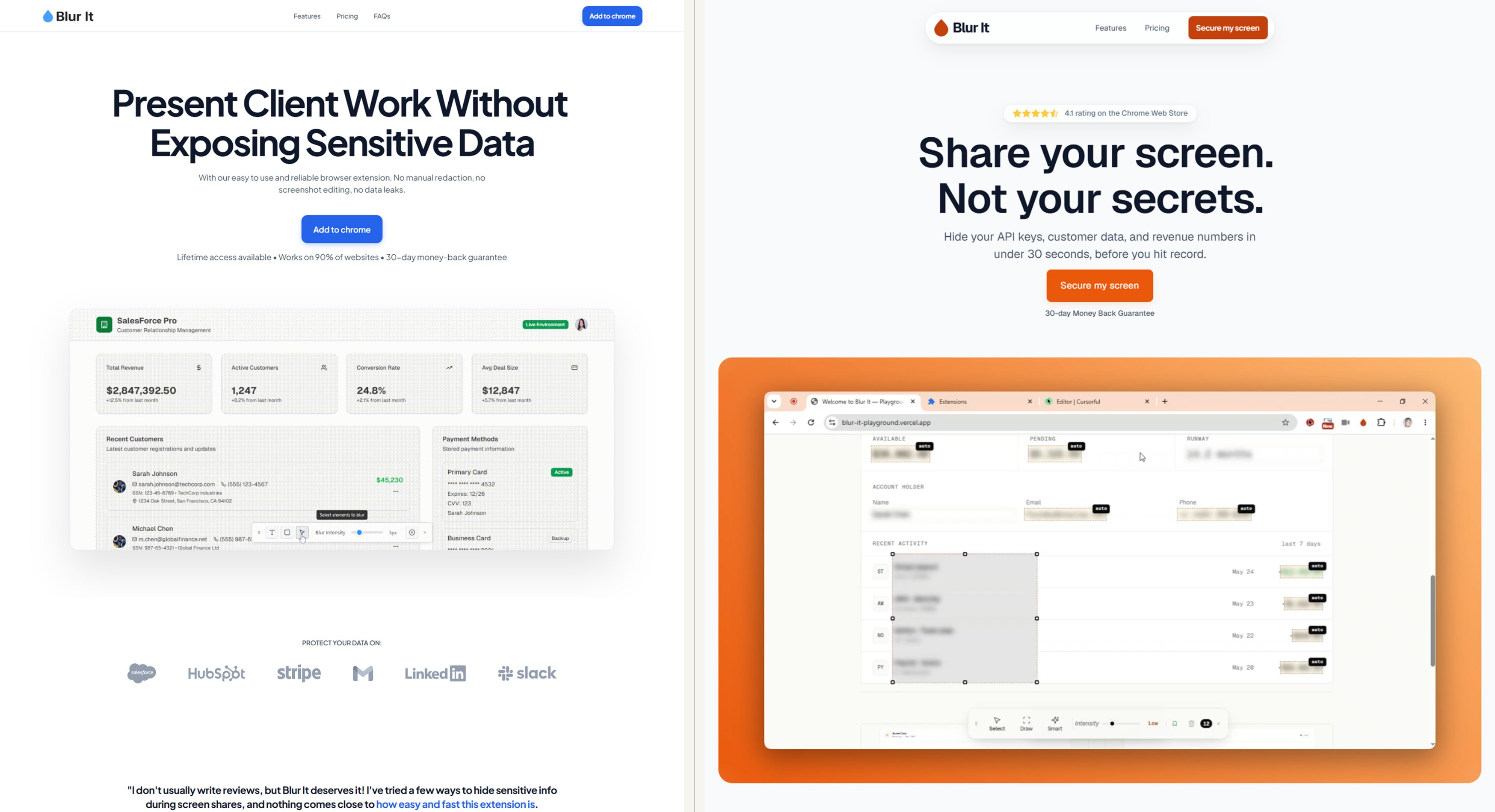 Blur It: before and after redesign, hero sections side by side