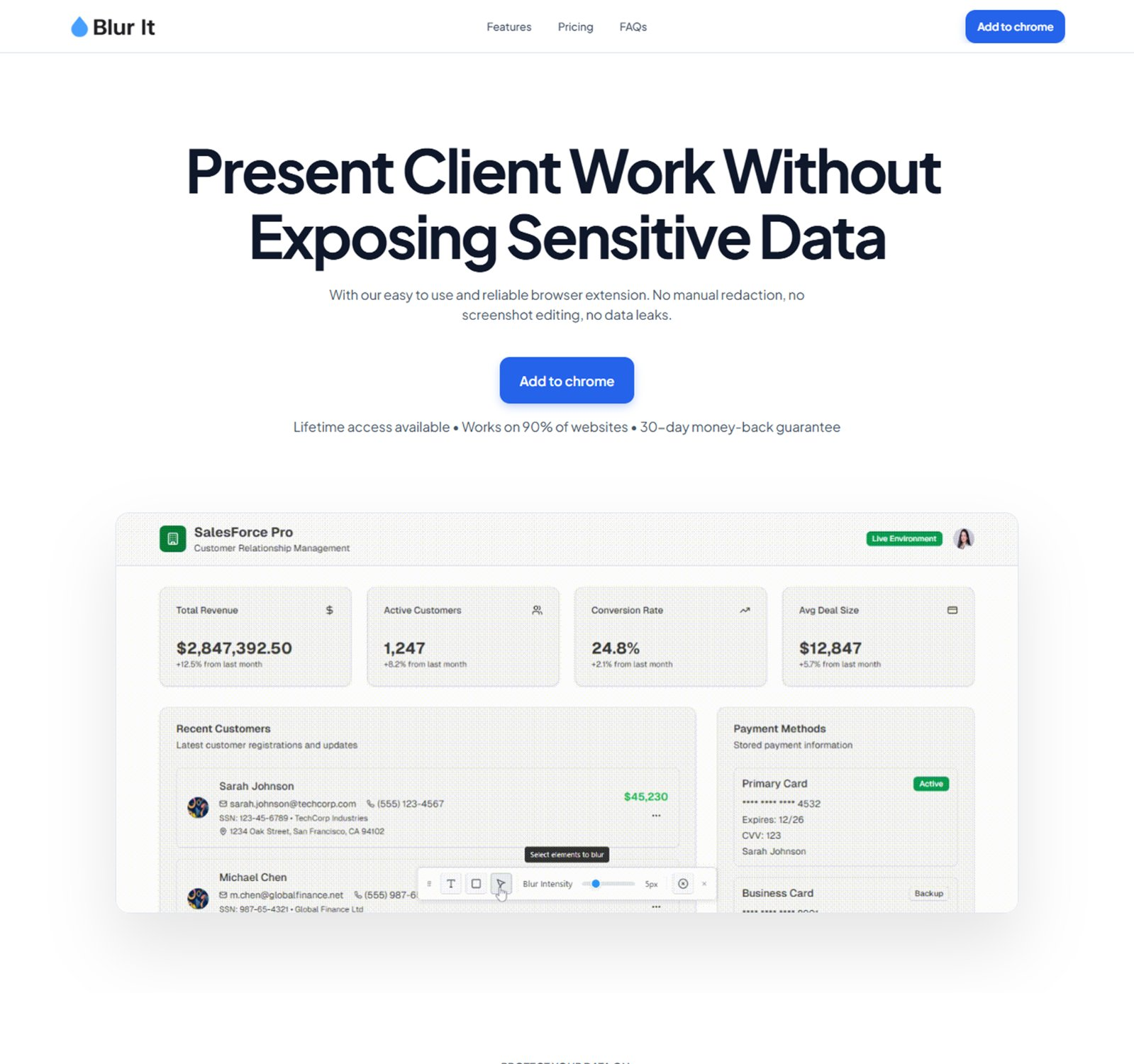 Blur It: original marketing website, hero through first section