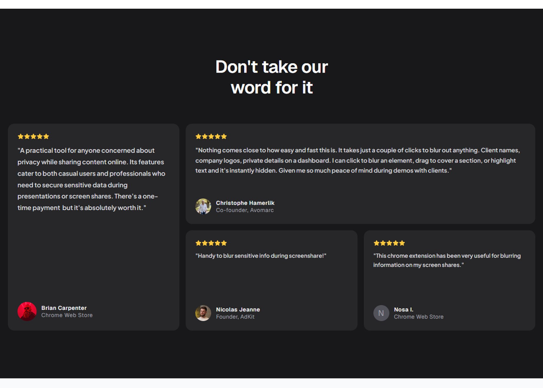 Blur It: redesigned testimonial and trust section