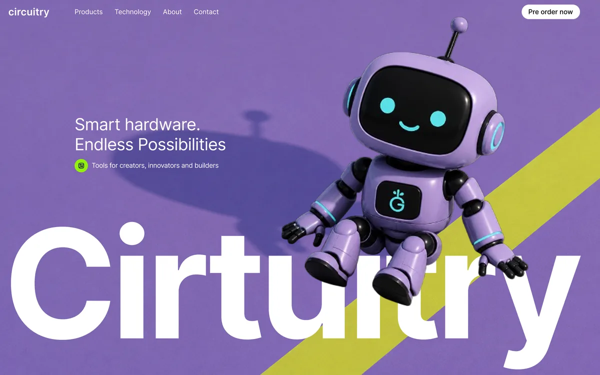 Concept hero for Circuitry, a smart hardware brand, with a purple robot on a purple background