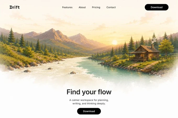 Concept landing page for Drift, a calm workspace app, over a river and mountain illustration